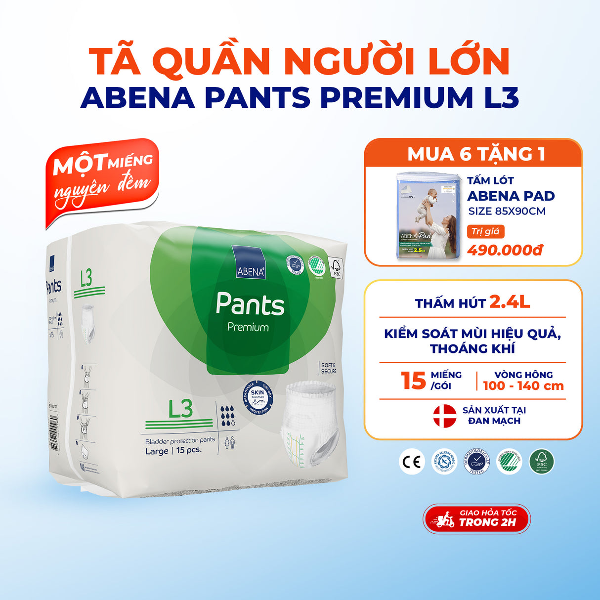 Tã quần người lớn Abena Pants Premium L3 thấm hút 2.400ml - Nhâp khẩu Đan Mạch