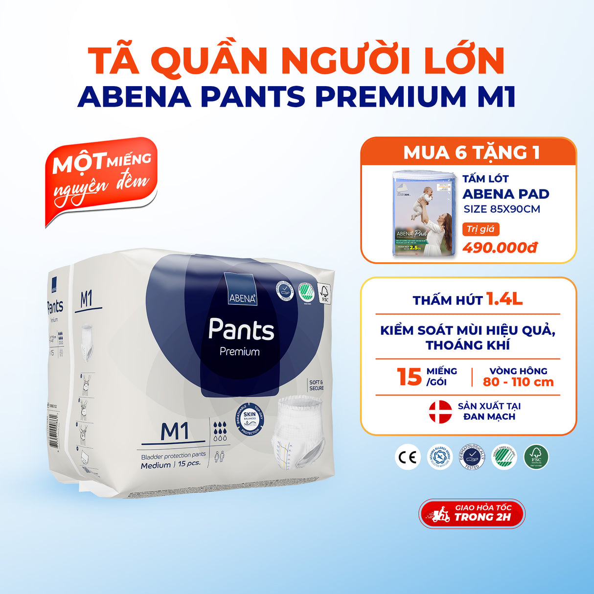 Tã quần người lớn Abena Pants Premium M1 - Miếng thấm hút 1.400ml - Nhập khẩu Đan Mạch