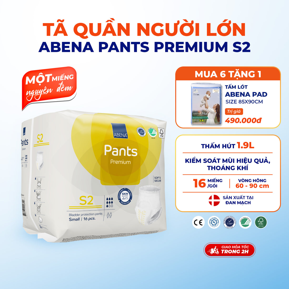 Tã quần người lớn Abena Pants Premium S2 thấm hút 1.900 ml - Nhâp khẩu Đan Mạch