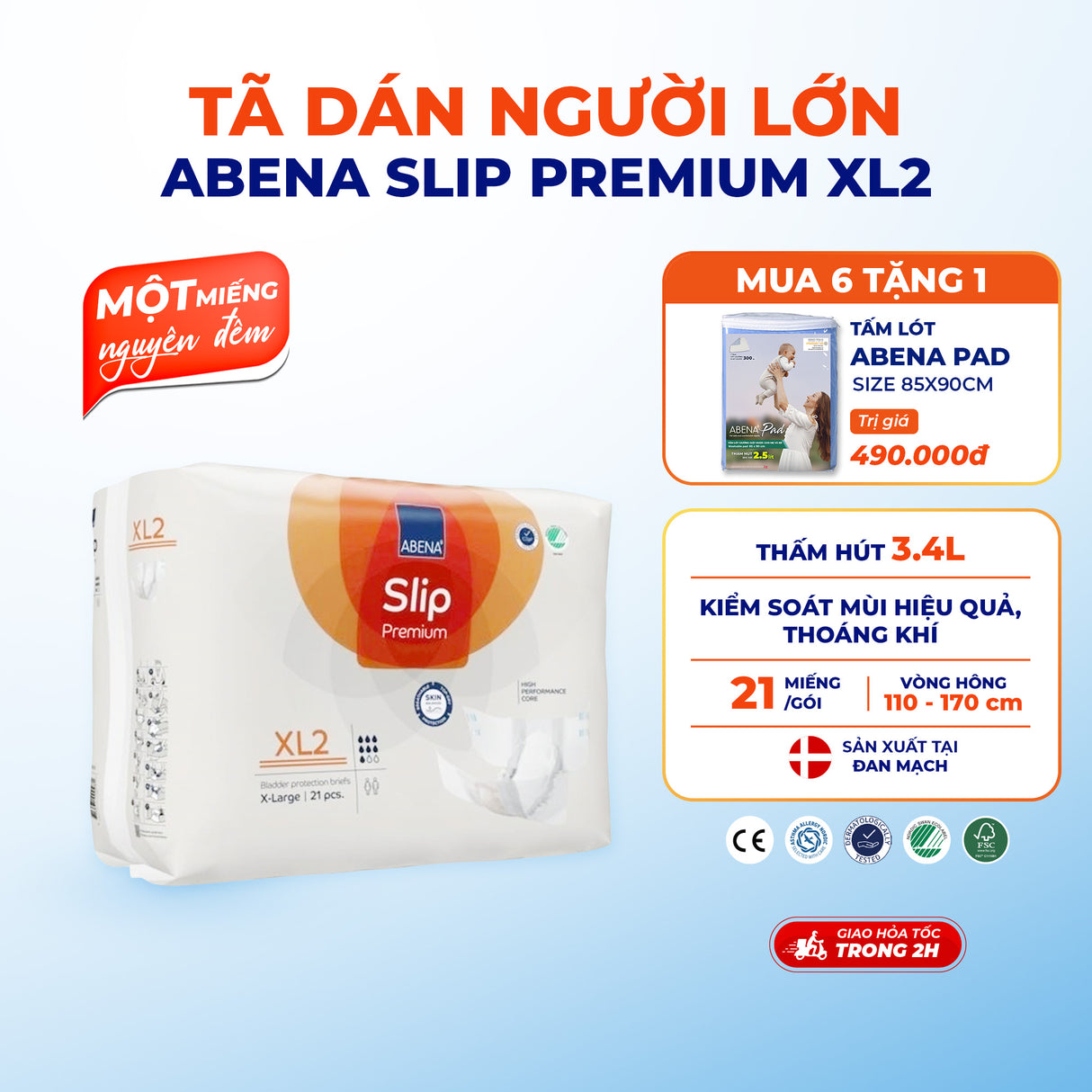 Tã Dán Người Lớn Abena Slip Premium XL2 - Thấm Hút Đến 3.4L - Thoáng Khí, Khóa Ẩm - Nhập Khẩu Từ Đan Mạch