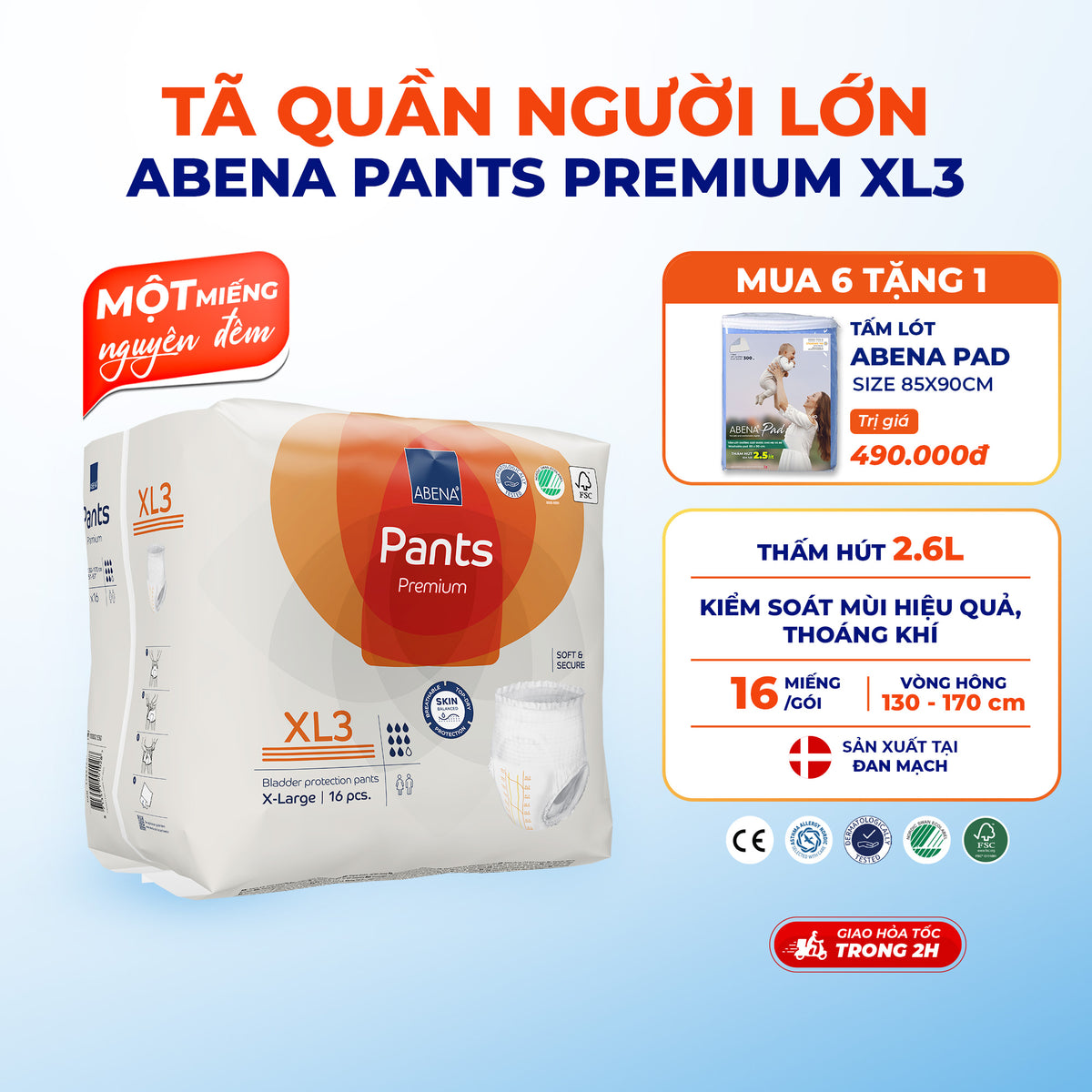 Tã quần người lớn Abena Pants Premium XL3 thấm hút 2.600ml 16 miếng