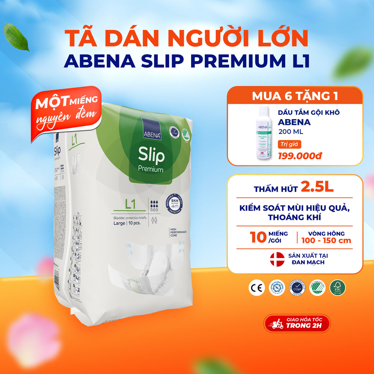 Tã dán người lớn cao cấp Abena Slip Premium L1 siêu thấm hút lên đến 2.5 lít thoải mái ngủ qua đêm