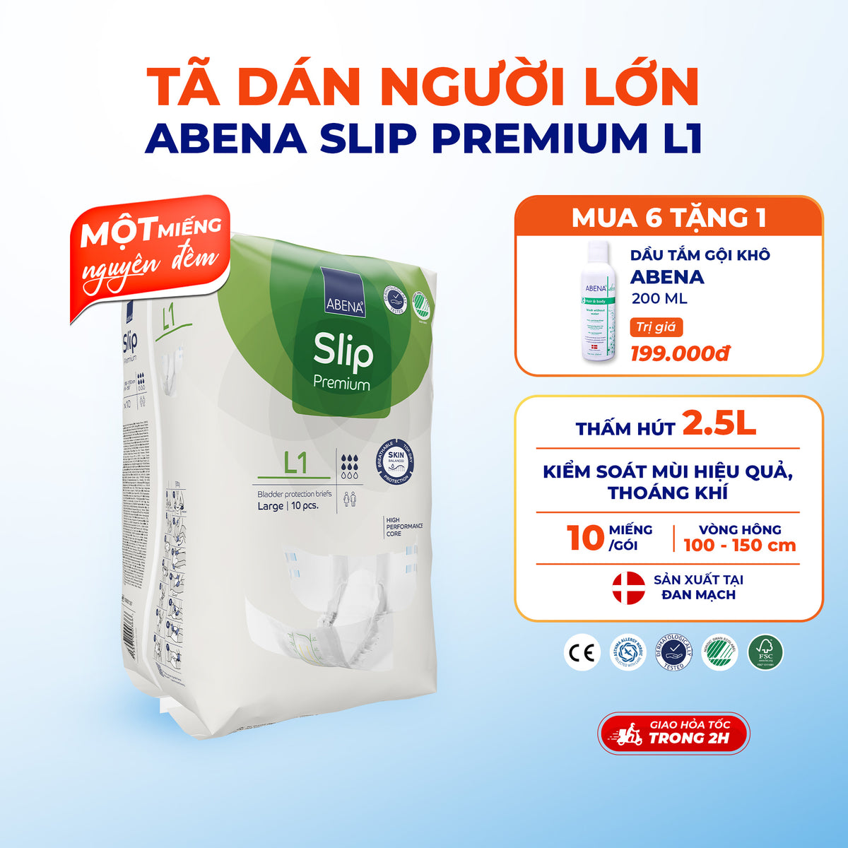 Tã dán người lớn cao cấp Abena Slip Premium L1 thấm hút đến 2.5 lít
