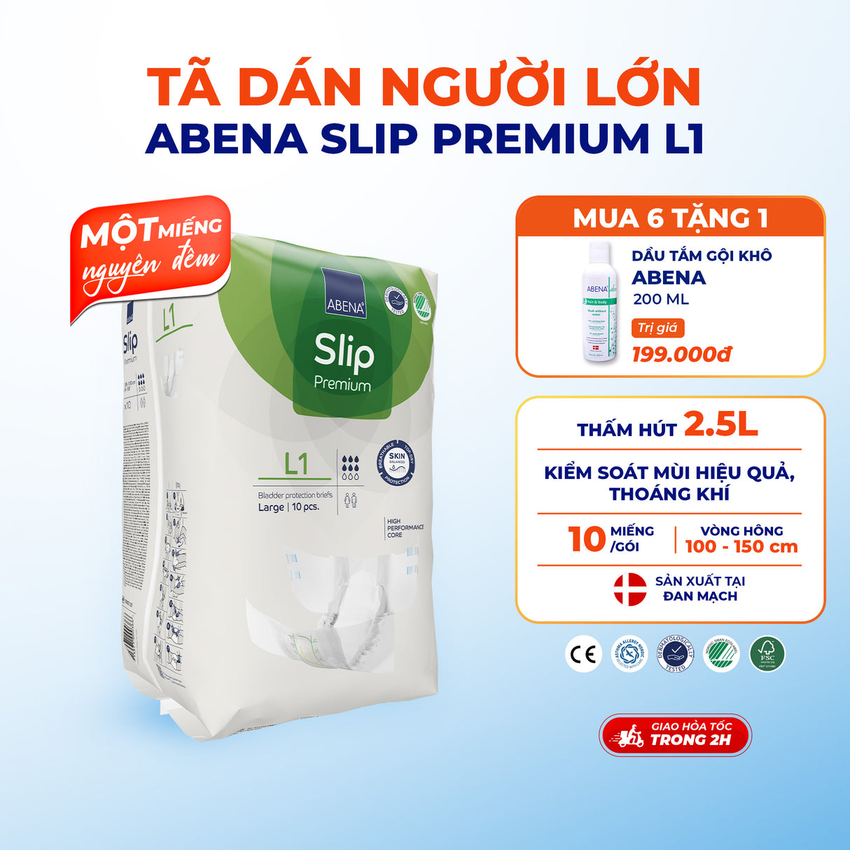 Tã dán người lớn cao cấp Abena Slip Premium L1 siêu thấm hút lên đến 2.5 lít thoải mái ngủ qua đêm - Nhập khẩu Đan Mạch