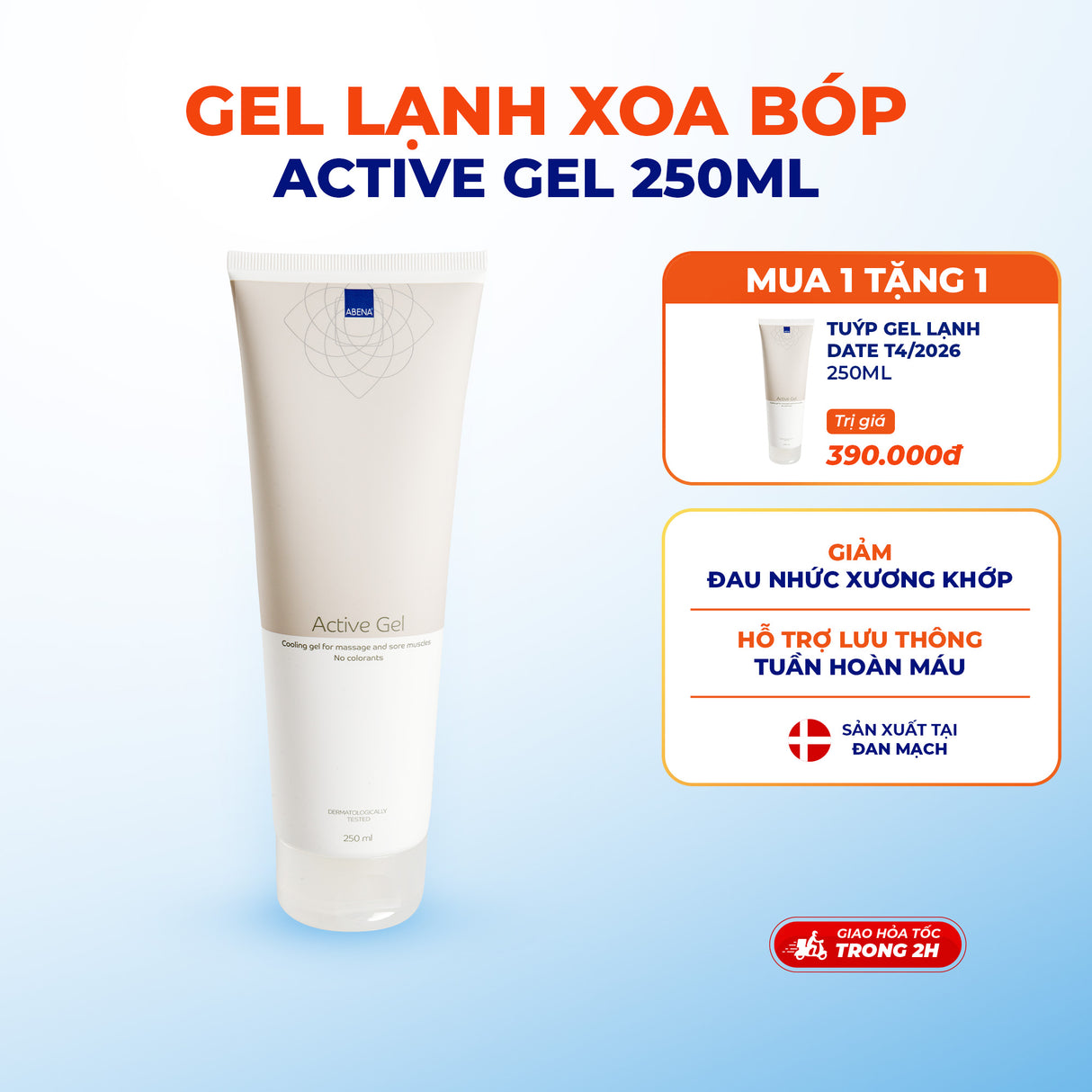 Gel xoa bóp lạnh hỗ trợ đau cơ Abena Active Gel mẫu mới - Nhập khẩu Đan Mạch (tuýp 250ml)