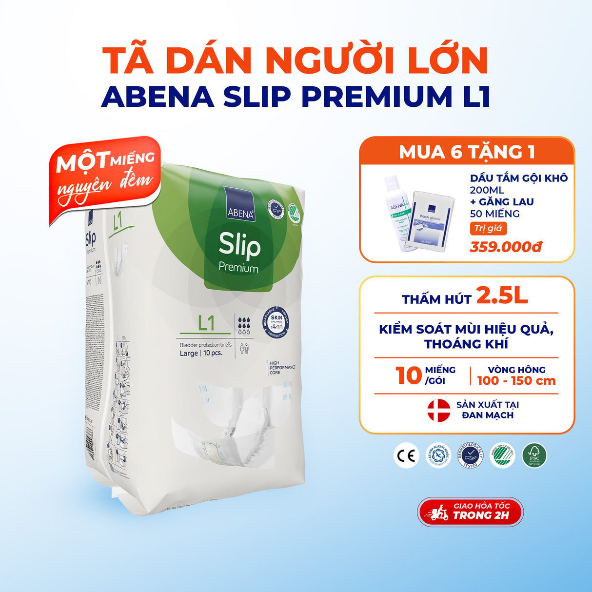 Tã dán người lớn cao cấp Abena Slip Premium L1 siêu thấm hút lên đến 2.5 lít thoải mái ngủ qua đêm - Nhập khẩu Đan Mạch