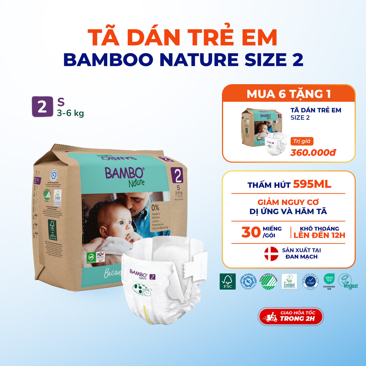 Tã Dán Hữu Cơ Trẻ Em Cao Cấp Bambo Nature - Thoáng Khí - Mỏng Nhẹ, An Toàn Cho Da Bé - Đạt Chứng Nhận An Toàn Quốc Tế