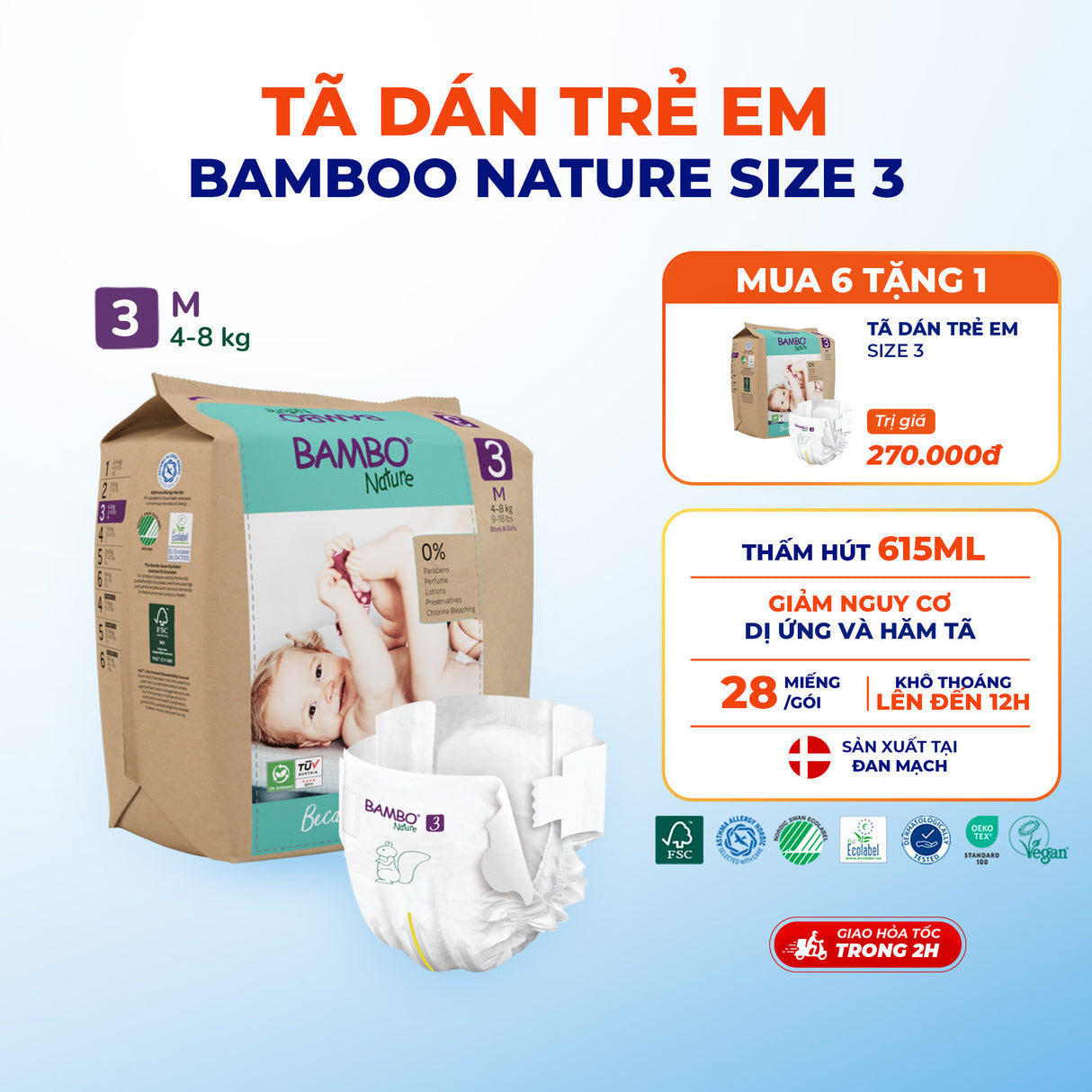 Tã Dán Hữu Cơ Trẻ Em Cao Cấp Bambo Nature - Thoáng Khí - Mỏng Nhẹ, An Toàn Cho Da Bé - Đạt Chứng Nhận An Toàn Quốc Tế