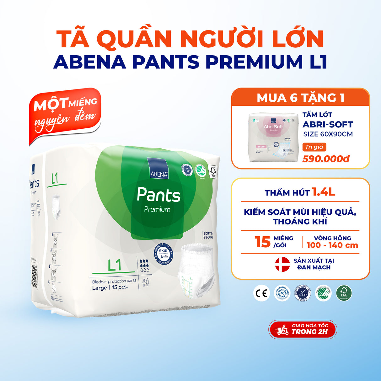 Tã quần người lớn Abena Pants Premium L1 thấm hút 1.400ml - Nhập khẩu Đan Mạch (Gói 15 miếng)