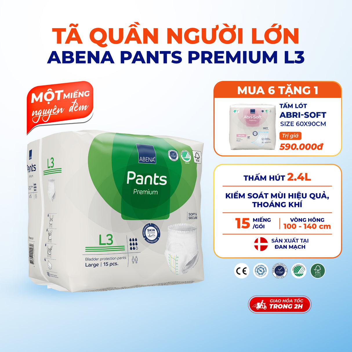 Tã quần người lớn Abena Pants Premium L3 thấm hút 2.400ml - Nhâp khẩu Đan Mạch