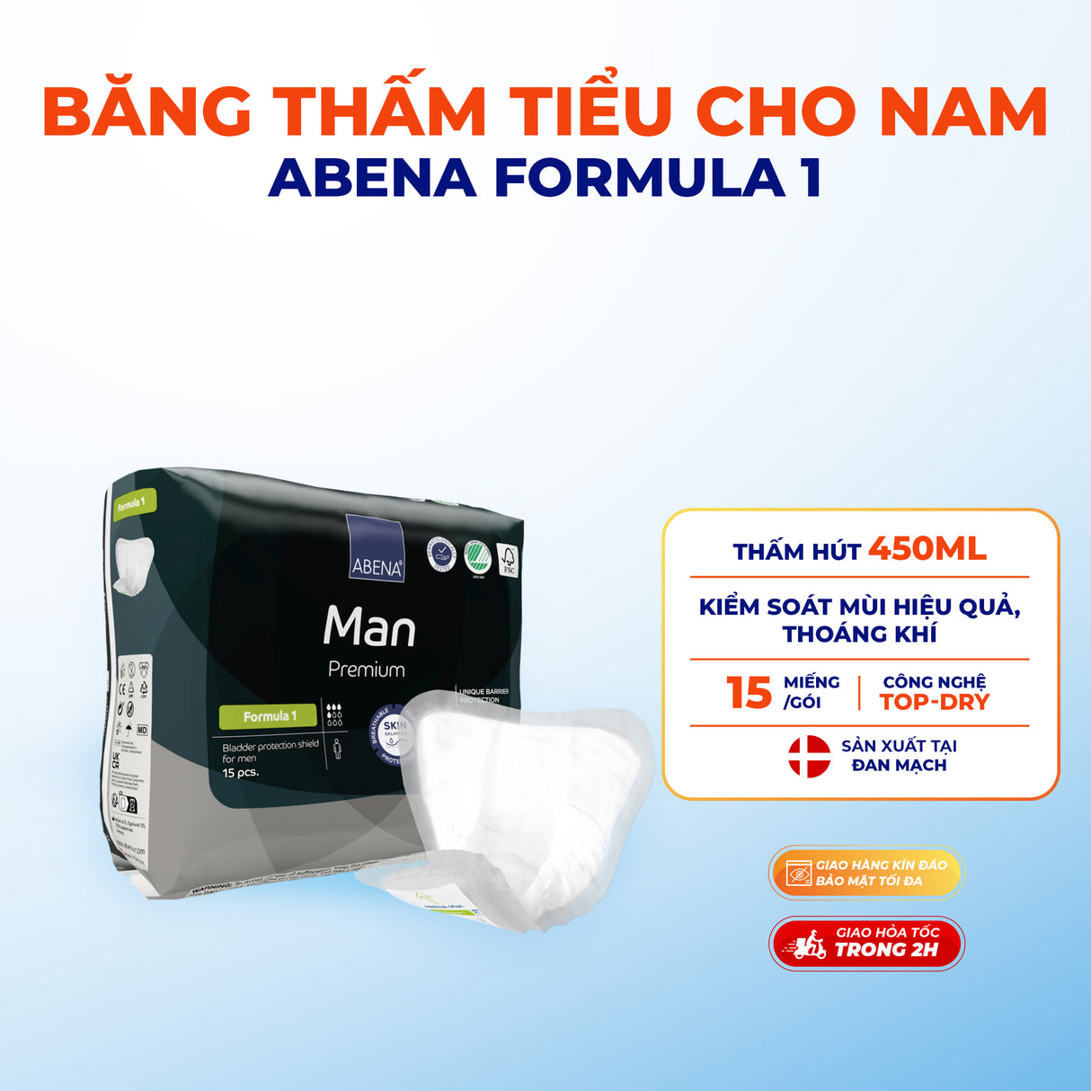 Băng thấm tiểu nam giới Abena Formula 1 - Thấm hút 450ml - Nhập khẩu Đan Mạch (Gói 15 miếng)
