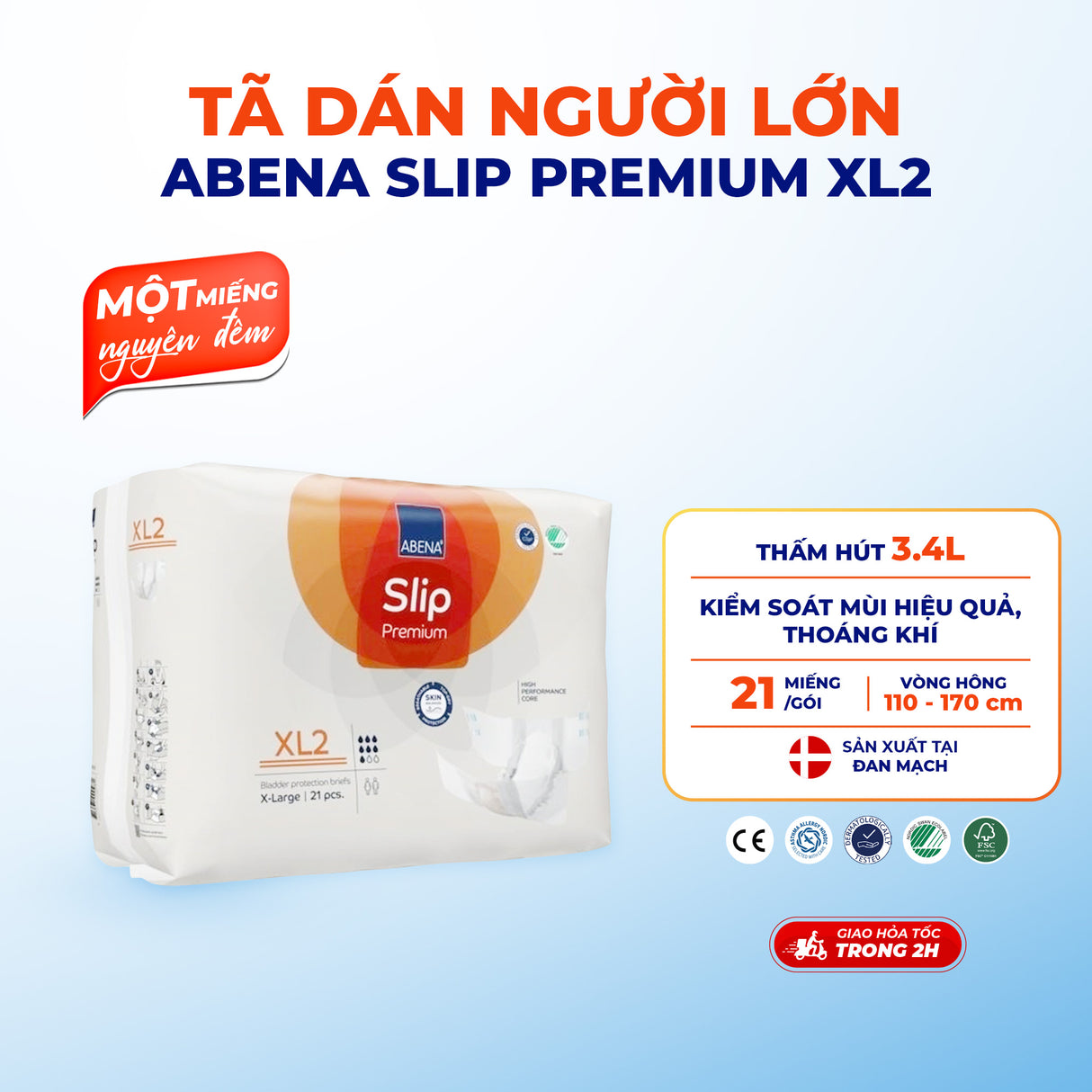 Tã Dán Người Lớn Abena Slip Premium XL2 - Thấm Hút Đến 3.4L - Thoáng Khí, Khóa Ẩm - Nhập Khẩu Từ Đan Mạch