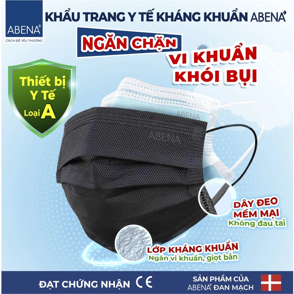 Khẩu trang y tế 3 lớp Abena kháng khuẩn mỏng nhẹ chống khói bụi vi khuẩn (Hộp 50 cái)