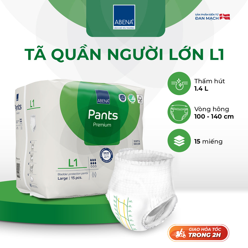 Tã quần người lớn Abena Pants Premium L1 thấm hút 1.400ml - Nhập khẩu Đan Mạch (Gói 15 miếng)