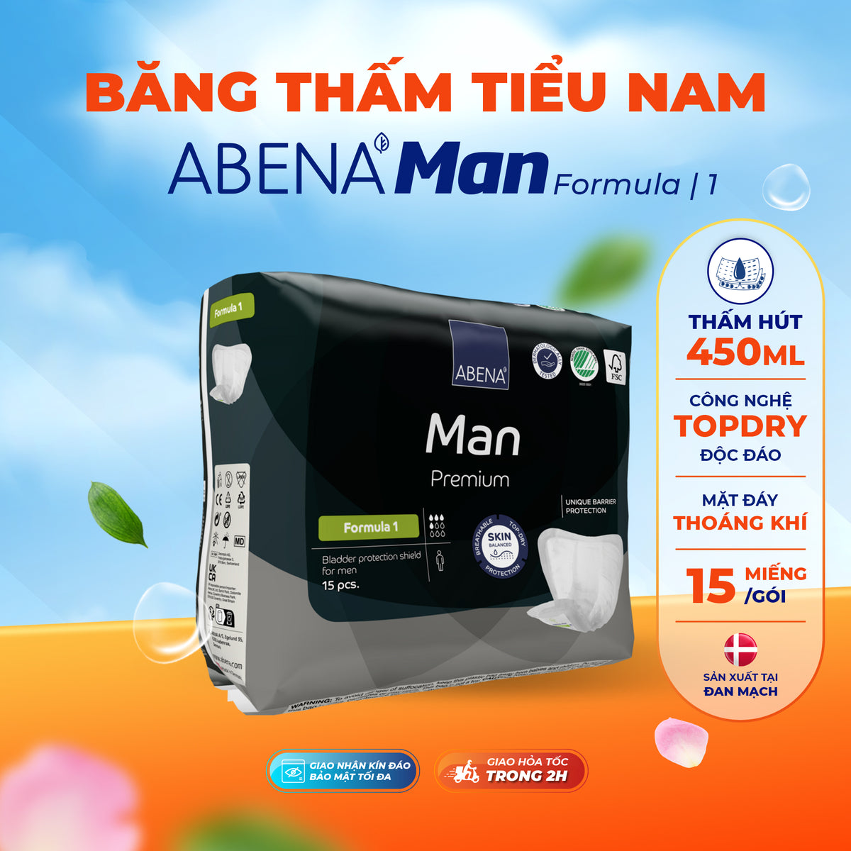 Băng thấm tiểu nam giới Abena Formula 1 - Thấm hút 450ml - Nhập khẩu Đan Mạch (Gói 15 miếng)