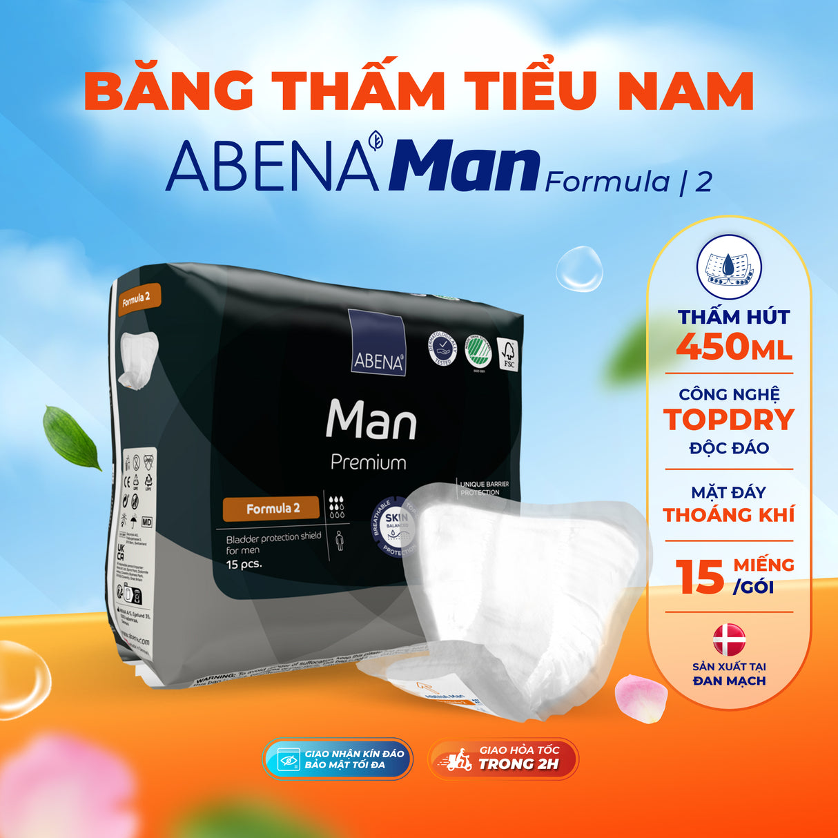 Băng thấm tiểu cho nam giới Abena Formula 2 - Nhập khẩu Đan Mạch (Gói 15 miếng)