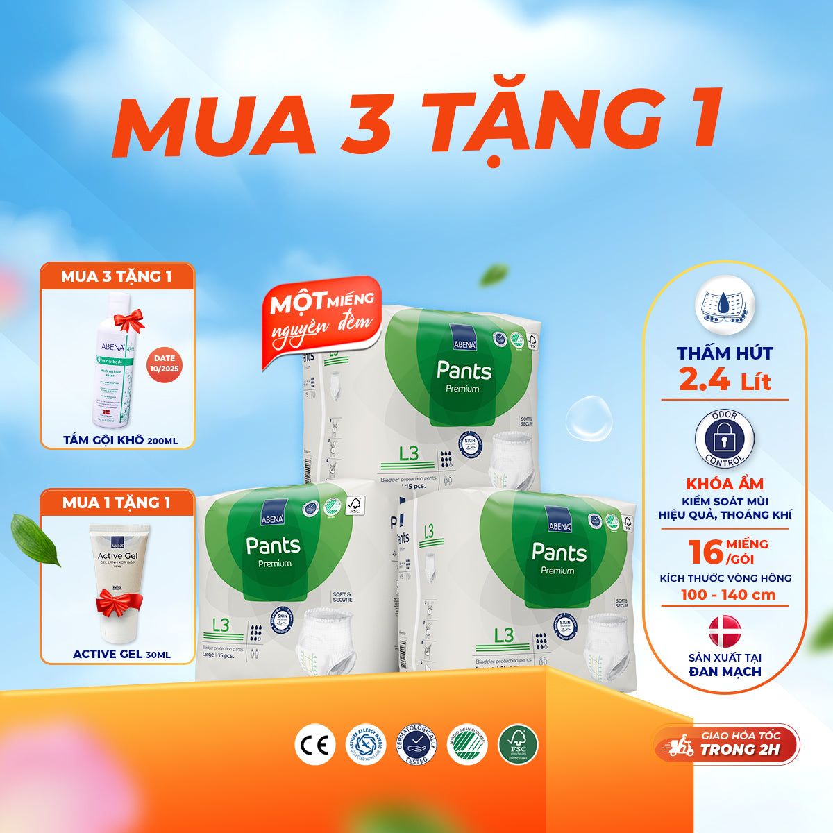 Tã quần người lớn Abena Pants Premium L3 thấm hút 2.400ml - Nhâp khẩu Đan Mạch