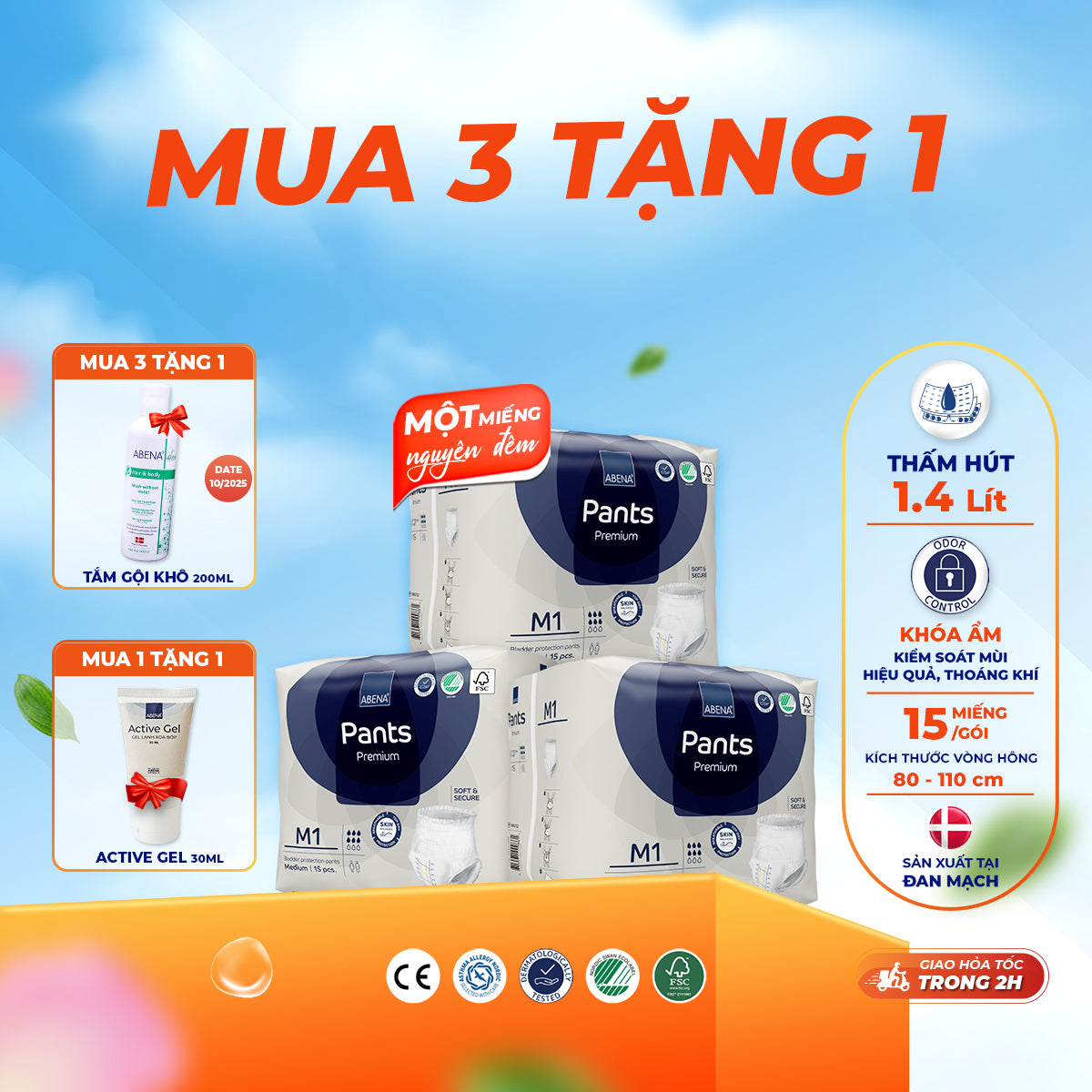 Tã quần người lớn Abena Pants Premium M1 - Miếng thấm hút 1.400ml - Nhập khẩu Đan Mạch