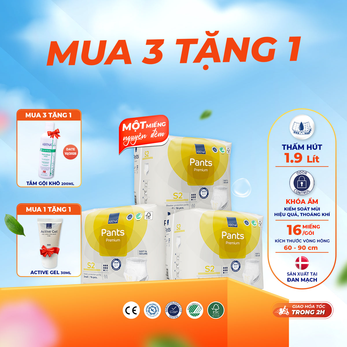 Tã quần người lớn Abena Pants Premium S2 thấm hút 1.900 ml - Nhâp khẩu Đan Mạch