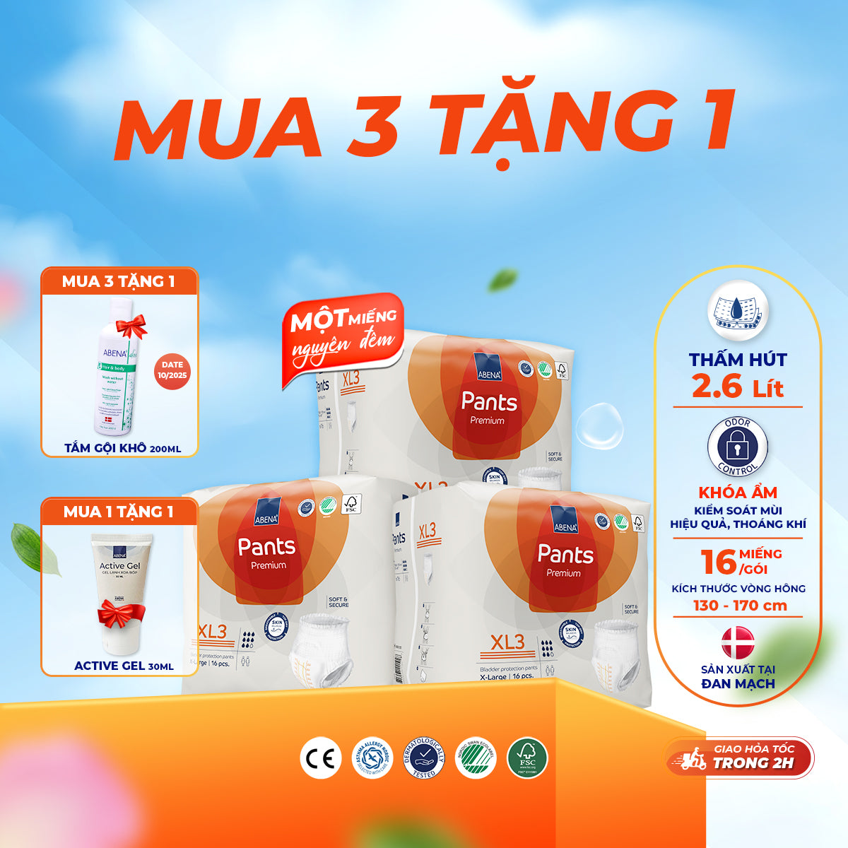 Tã quần người lớn Abena Pants Premium XL3 thấm hút 2.600ml - Nhập khẩu Đan Mạch