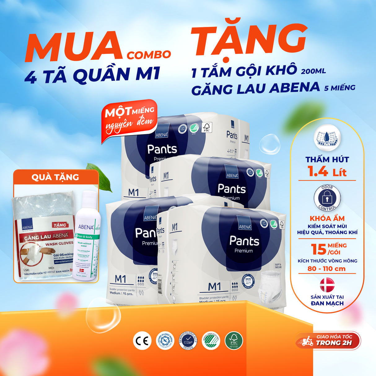 Tã quần người lớn Abena Pants Premium M1 - Miếng thấm hút 1.400ml - Nhập khẩu Đan Mạch
