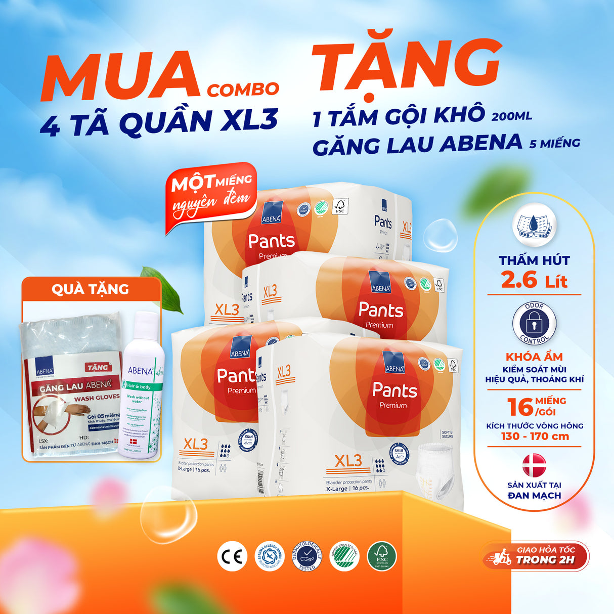 Tã quần người lớn Abena Pants Premium XL3 thấm hút 2.600ml - Nhập khẩu Đan Mạch