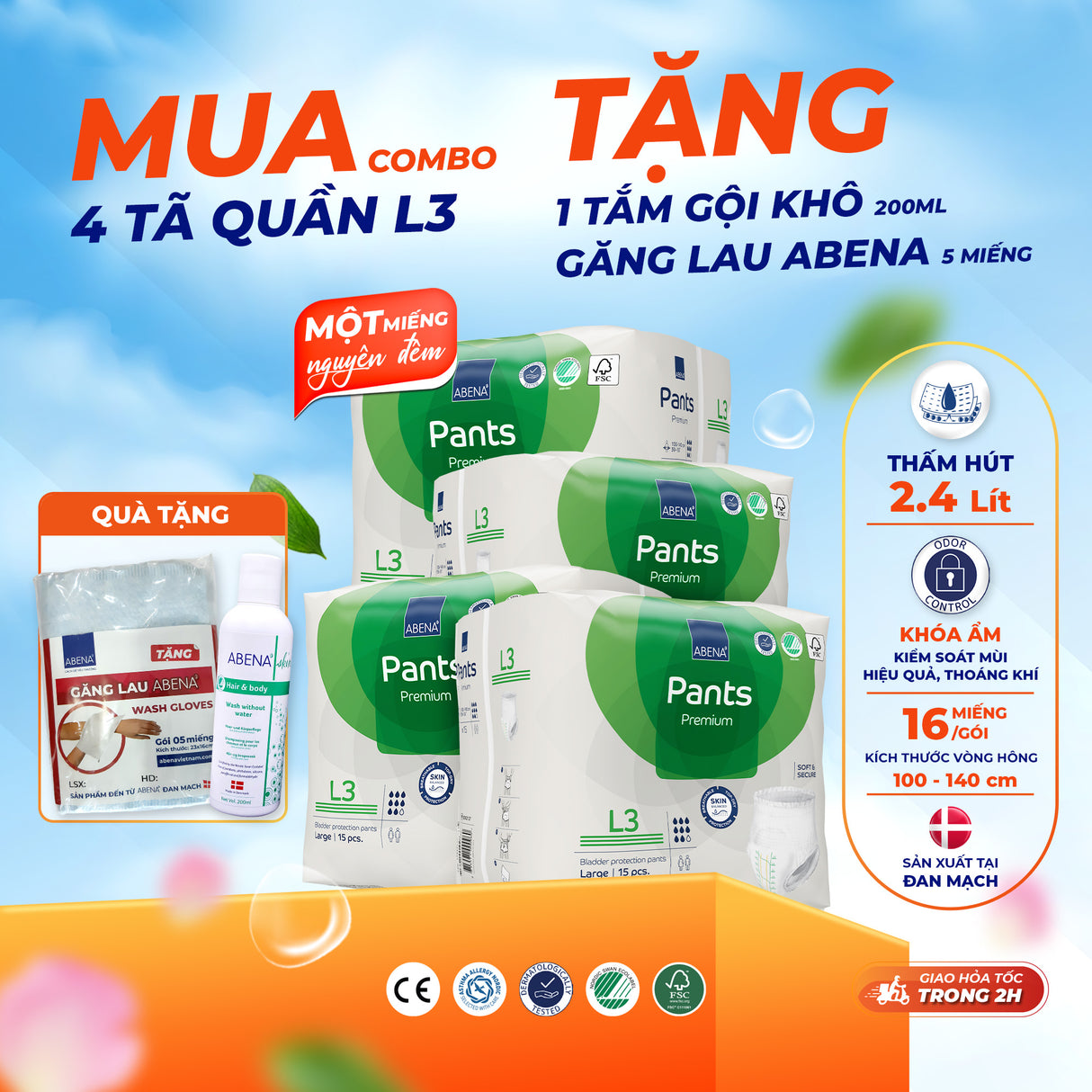 Tã quần người lớn Abena Pants Premium L3 thấm hút 2.400ml - Nhâp khẩu Đan Mạch