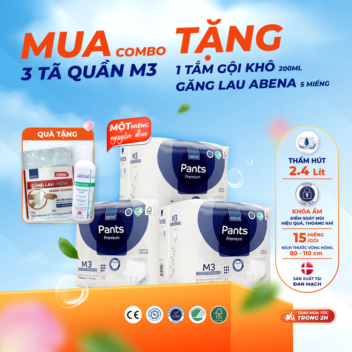Tã quần người lớn Abena Pants Premium M3 miếng thấm hút 2.400ml - Nhập khẩu Đan Mạch