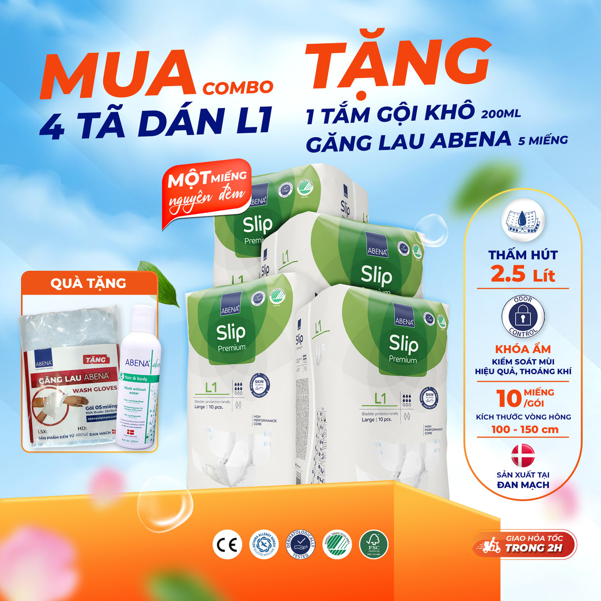 Tã dán người lớn cao cấp Abena Slip Premium L1 siêu thấm hút lên đến 2.5 lít thoải mái ngủ qua đêm - Nhập khẩu Đan Mạch