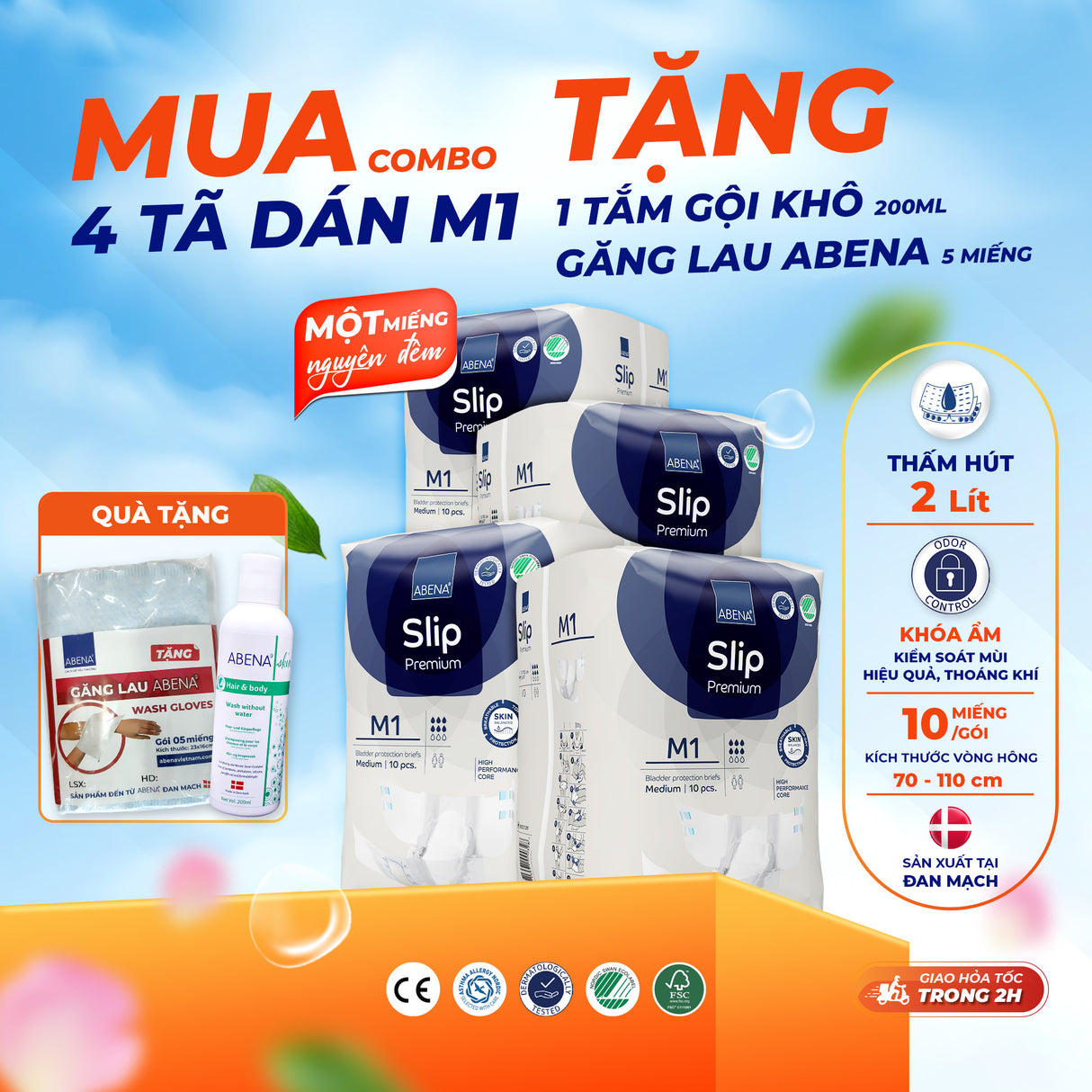 Tã dán người lớn Abena Slip premium M1 - Thấm hút 2 lít 1 miếng nguyên đêm