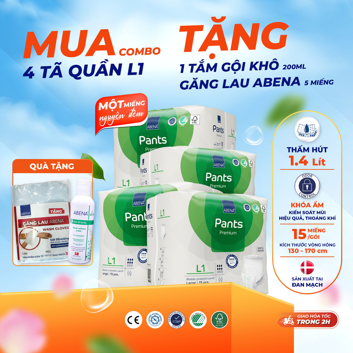 Tã quần người lớn Abena Pants Premium L1 thấm hút 1.400ml - Nhập khẩu Đan Mạch (Gói 15 miếng)