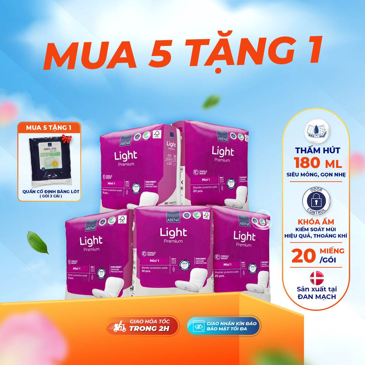 Băng vệ sinh hằng ngày Abena Light Mini 1 - Thấm hút 180ml - Nhập khẩu Đan Mạch (Gói 20 miếng) - ABcare