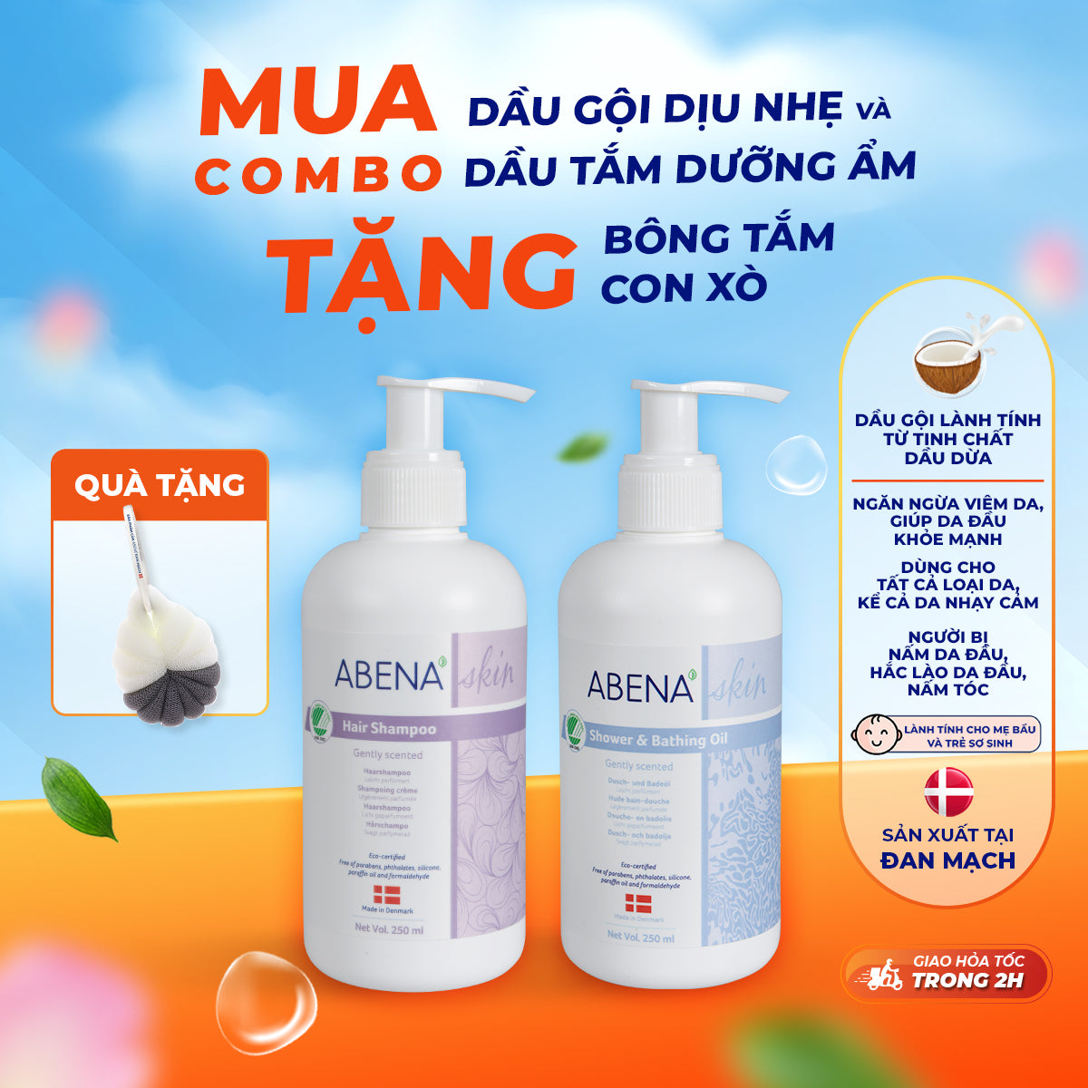 [Tặng kèm bông tắm] Combo Dầu Gội Dịu Nhẹ, Dầu Dưỡng Ẩm Abena 250ml