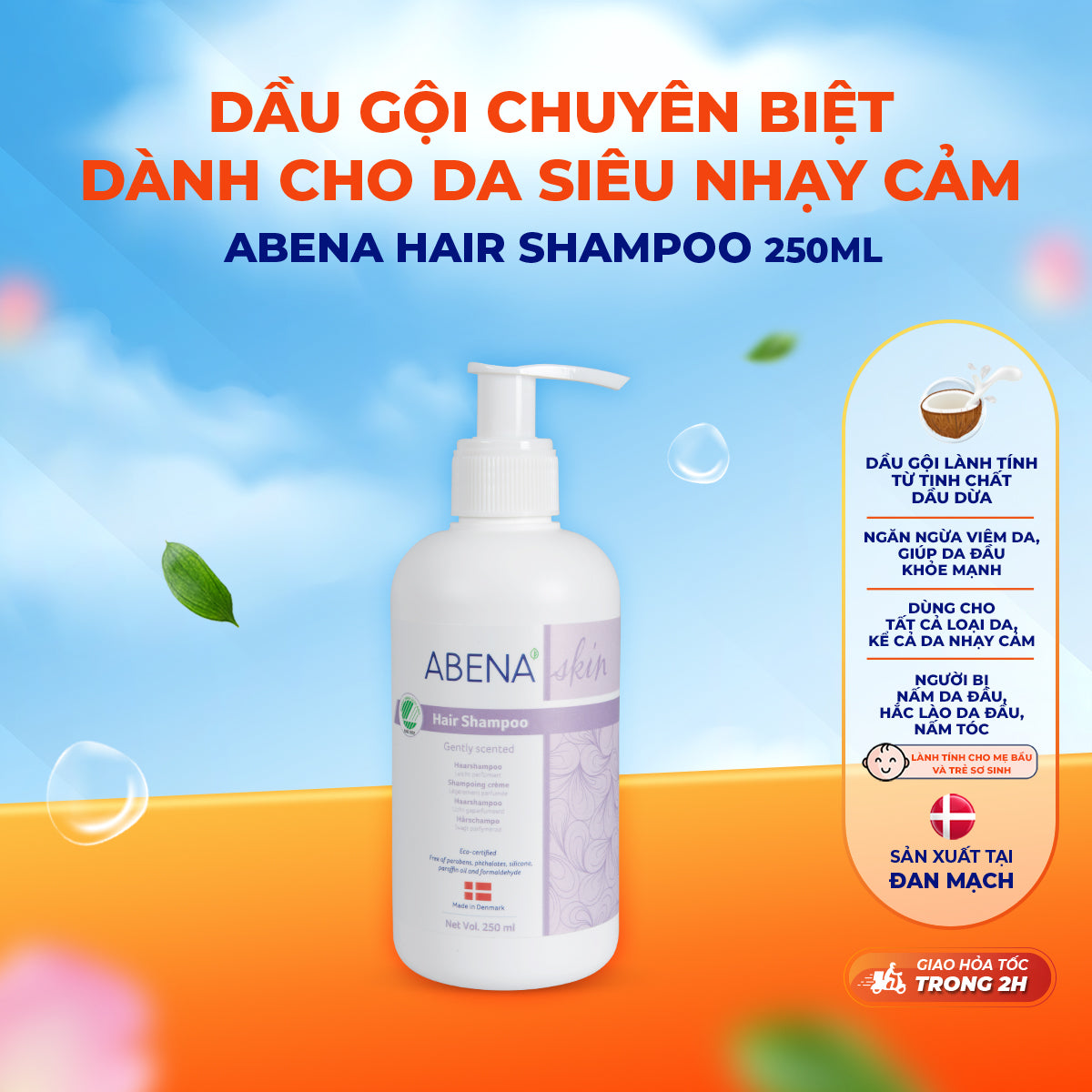 Dầu gội cho da đầu nhạy cảm Abena Hair Shampoo with perfum - Nhập khẩu Đan Mạch (Chai 250ml) Mang lại mái tóc mềm mượt