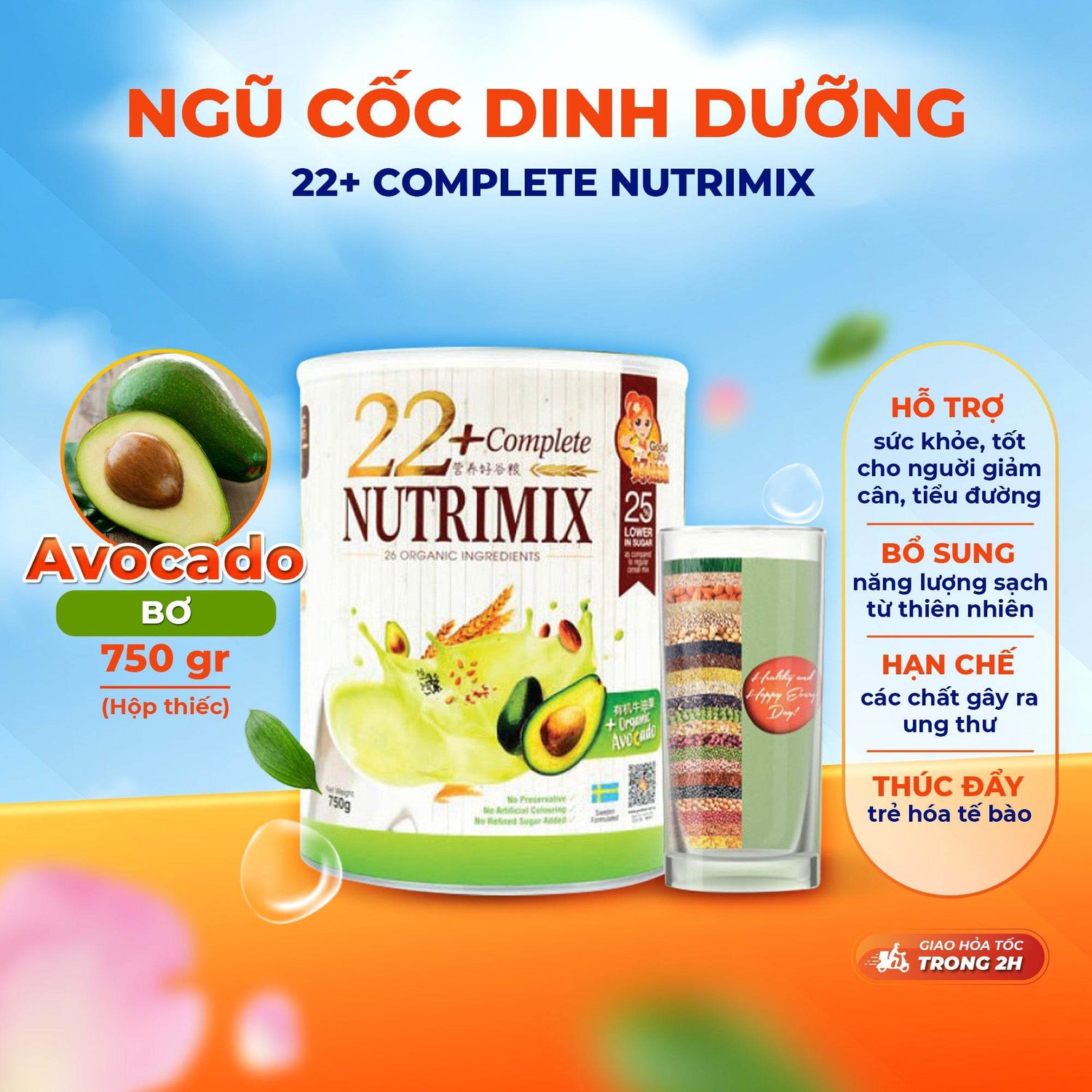 Bột Ngũ Cốc Dinh Dưỡng 22 Complete Nutrimix (750 G/Hộp Thiếc), hỗ trợ chăm sóc sức khỏe Hạn chế các chất gây ra ung thư - ABcare