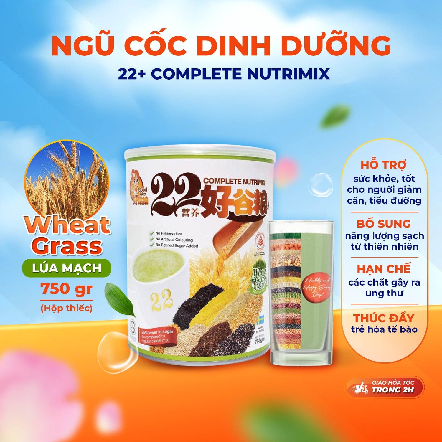 Bột Ngũ Cốc Dinh Dưỡng 22 Complete Nutrimix (750 G/Hộp Thiếc), hỗ trợ chăm sóc sức khỏe Hạn chế các chất gây ra ung thư - ABcare