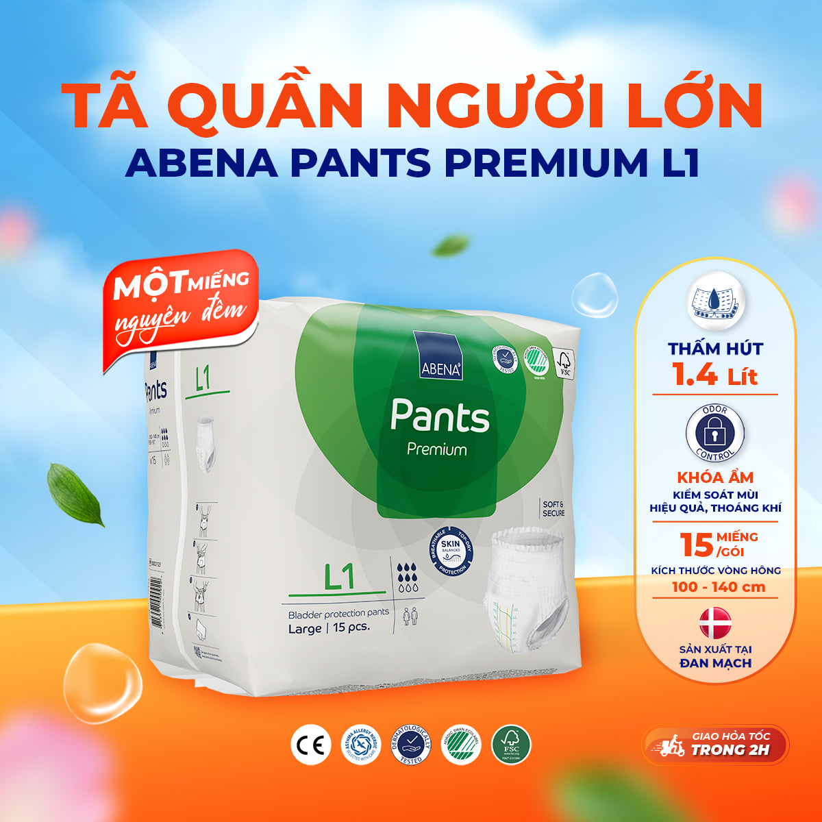 Tã quần người lớn Abena Pants Premium L1 thấm hút 1.400ml - Nhập khẩu Đan Mạch (Gói 15 miếng)