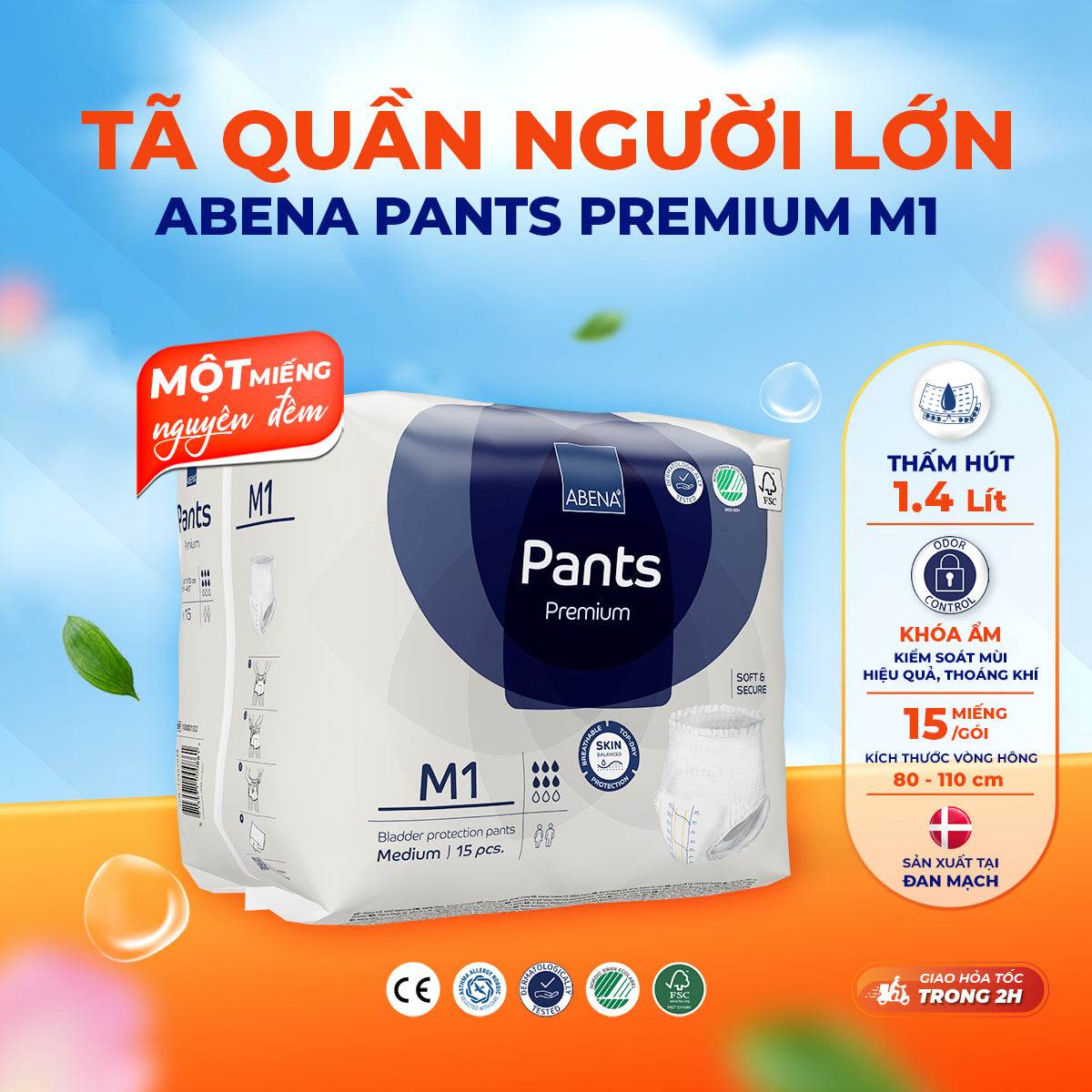 Tã quần người lớn Abena Pants Premium M1 - Miếng thấm hút 1.400ml - Nhập khẩu Đan Mạch - ABcare