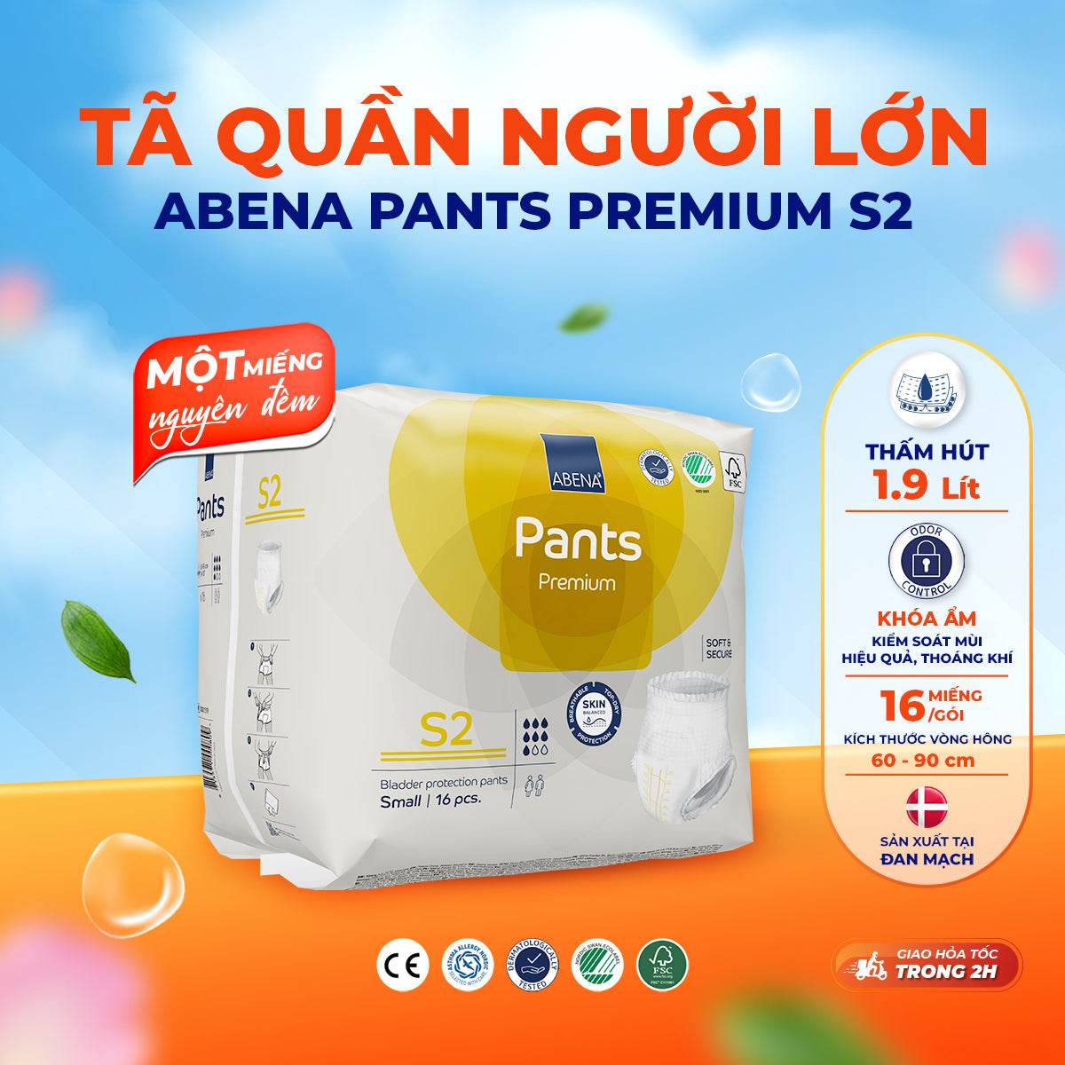Tã quần người lớn Abena Pants Premium S2 thấm hút 1.900 ml - Nhâp khẩu Đan Mạch - ABcare