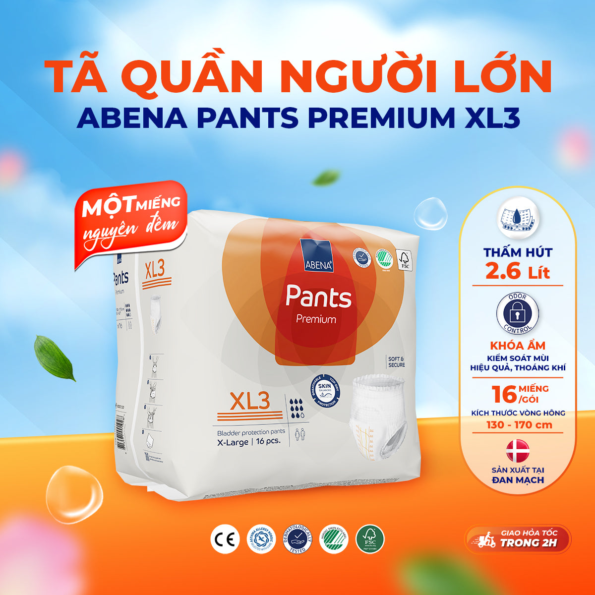 Tã quần người lớn Abena Pants Premium XL3 thấm hút 2.600ml - Nhập khẩu Đan Mạch