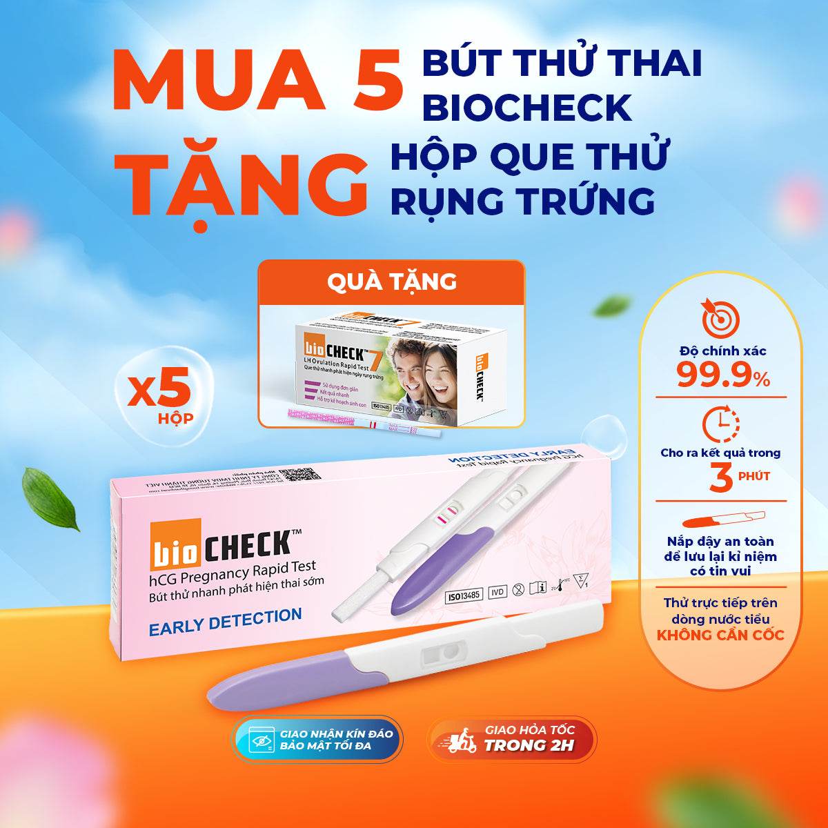 Combo 5 bút thử thai tặng 1 rụng trứng Biocheck - ABcare