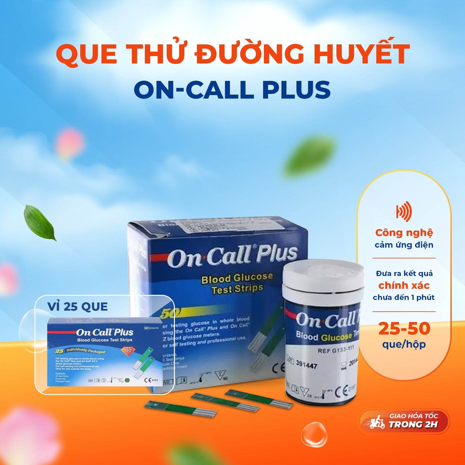 Que thử đường huyết ACON On Call Plus hộp 25 - 50 que - chính xác - Chính hãng - ABcare