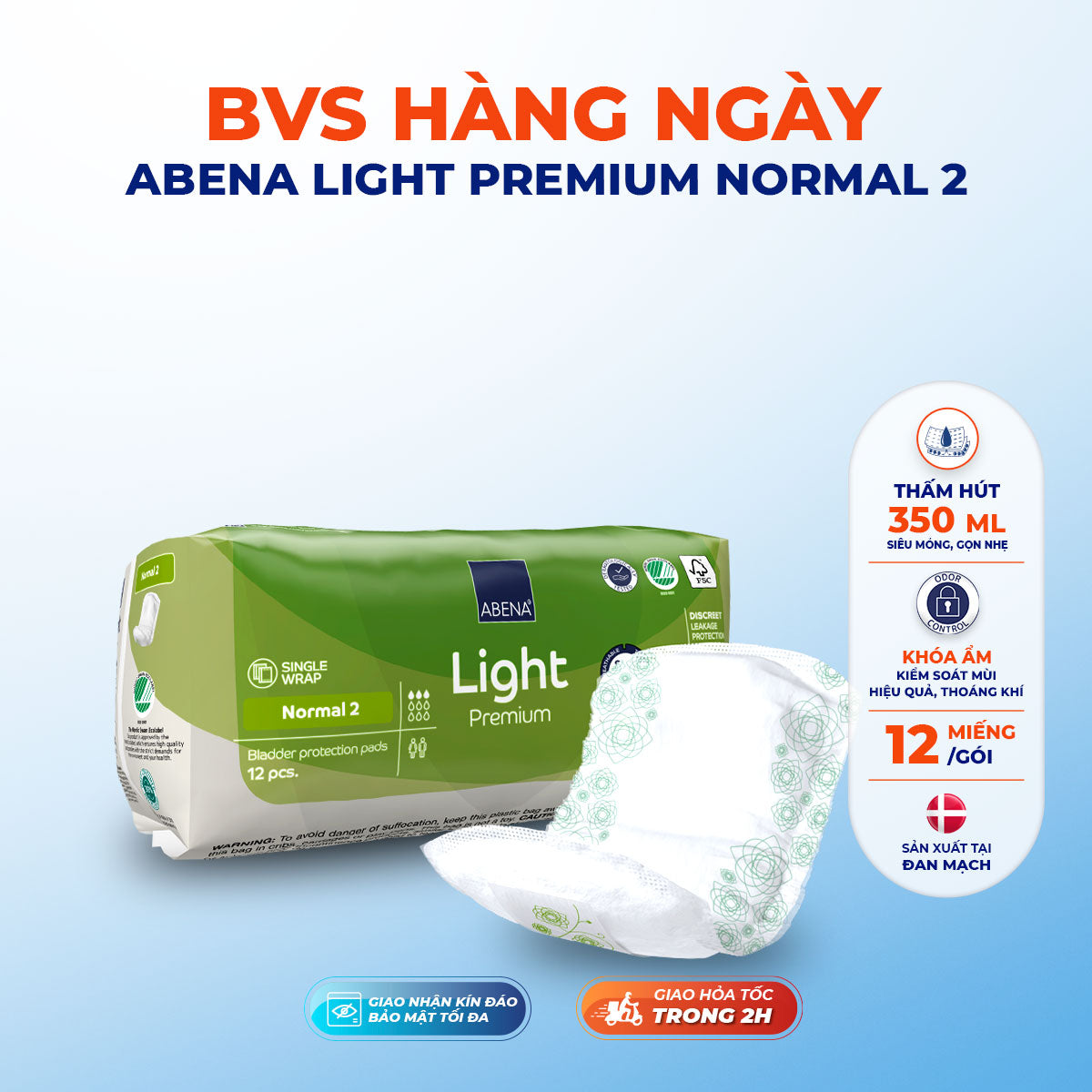 Băng Vệ Sinh Abena Light Premium Normal 2 350ml - Chính Hãng Đan Mạch - Siêu Thấm Hút, Chống Tràn, Khử Mùi Hiệu Quả
