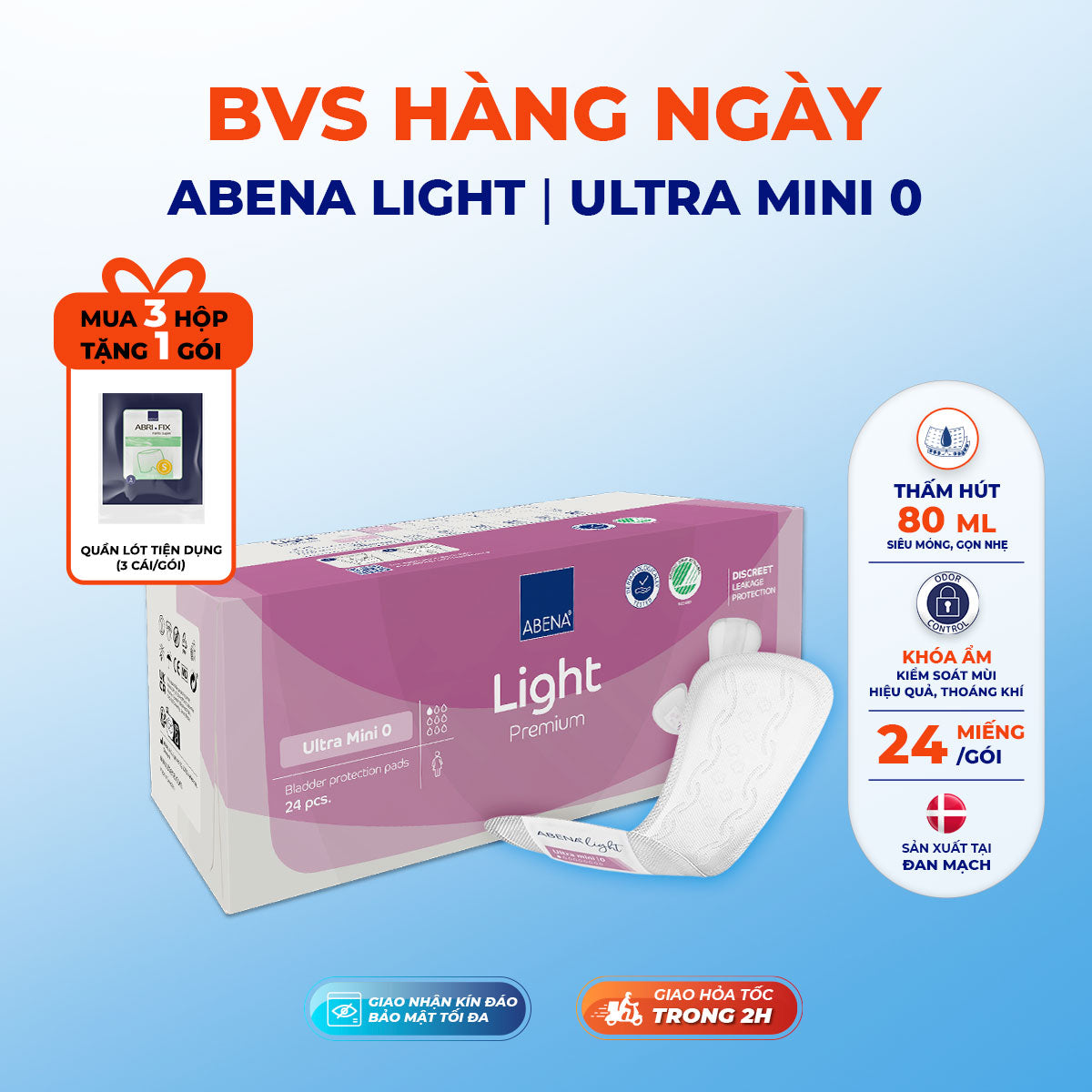 Băng vệ sinh hằng ngày Abena Light Ultra Mini 0 - Nhập khẩu Đan Mạch (Gói 24 miếng)