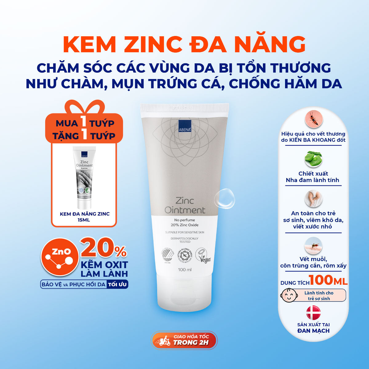 Kem đa năng Abena Zinc Ointment - Nhập Khẩu Đan Mạch - Chăm sóc các vùng da bị tổn thương như chàm, côn trùng cắn