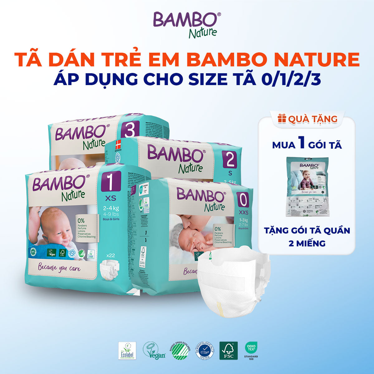 Tã Dán Hữu Cơ Trẻ Em Cao Cấp Bambo Nature - Thoáng Khí - Mỏng Nhẹ, An Toàn Cho Da Bé - Đạt Chứng Nhận An Toàn Quốc Tế