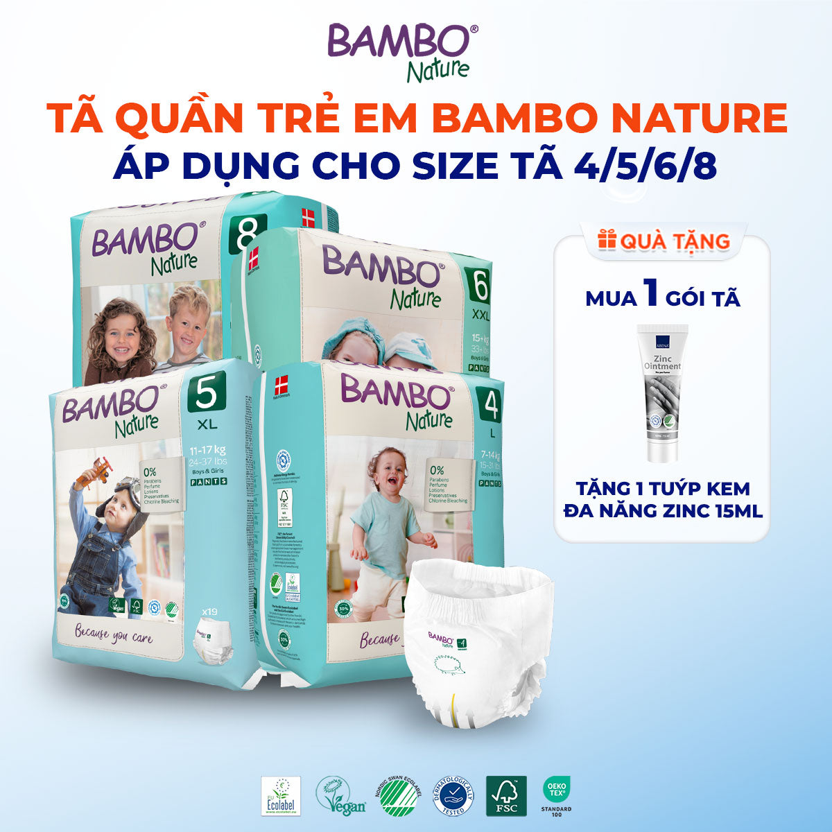 Tã Quần Hữu Cơ Trẻ Em Cao Cấp Bambo Nature - Thoáng Khí - Mỏng Nhẹ, An Toàn Cho Da Bé - Đạt Chứng Nhận An Toàn Quốc Tế