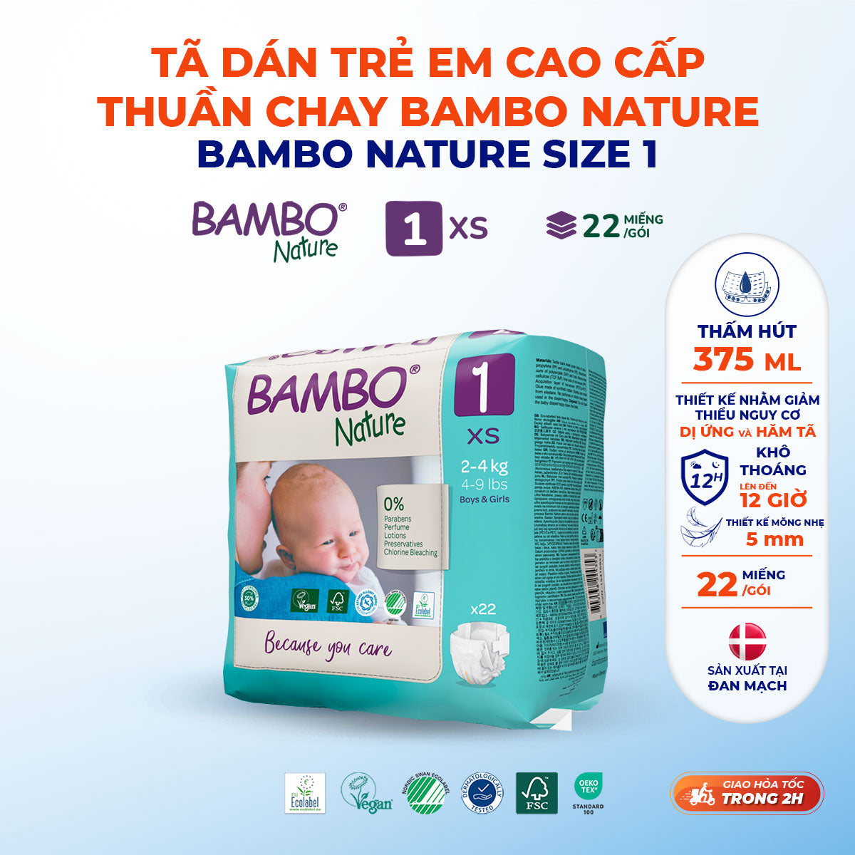 Tã Dán Hữu Cơ Trẻ Em Cao Cấp Bambo Nature - Thoáng Khí - Mỏng Nhẹ, An Toàn Cho Da Bé - Đạt Chứng Nhận An Toàn Quốc Tế