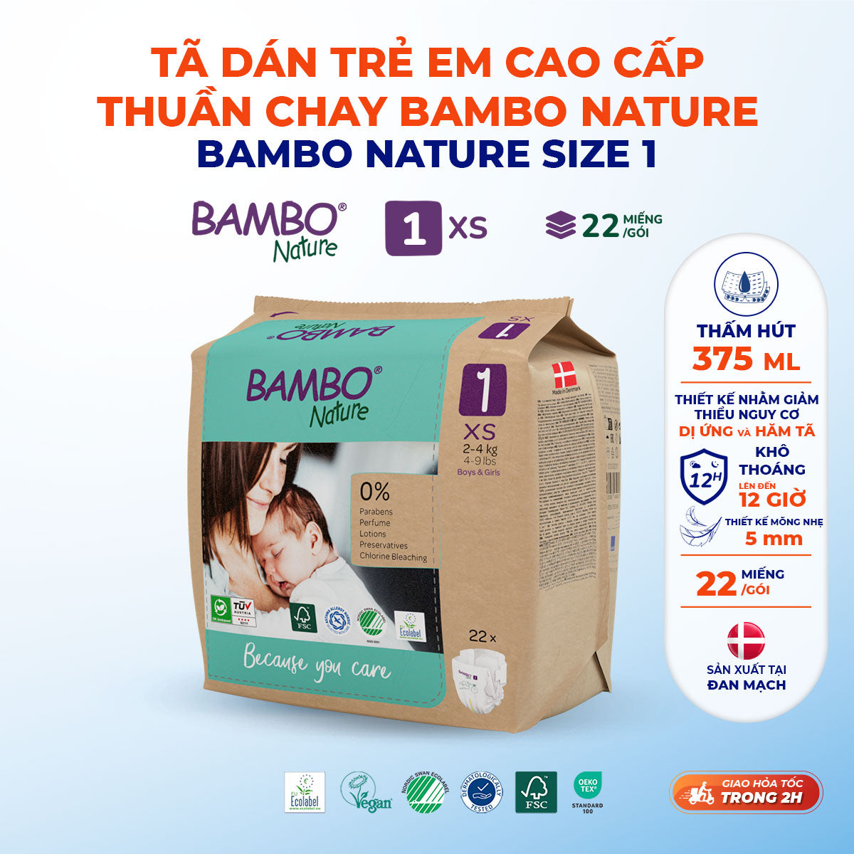 Tã Dán Hữu Cơ Trẻ Em Cao Cấp Bambo Nature - Thoáng Khí - Mỏng Nhẹ, An Toàn Cho Da Bé - Đạt Chứng Nhận An Toàn Quốc Tế