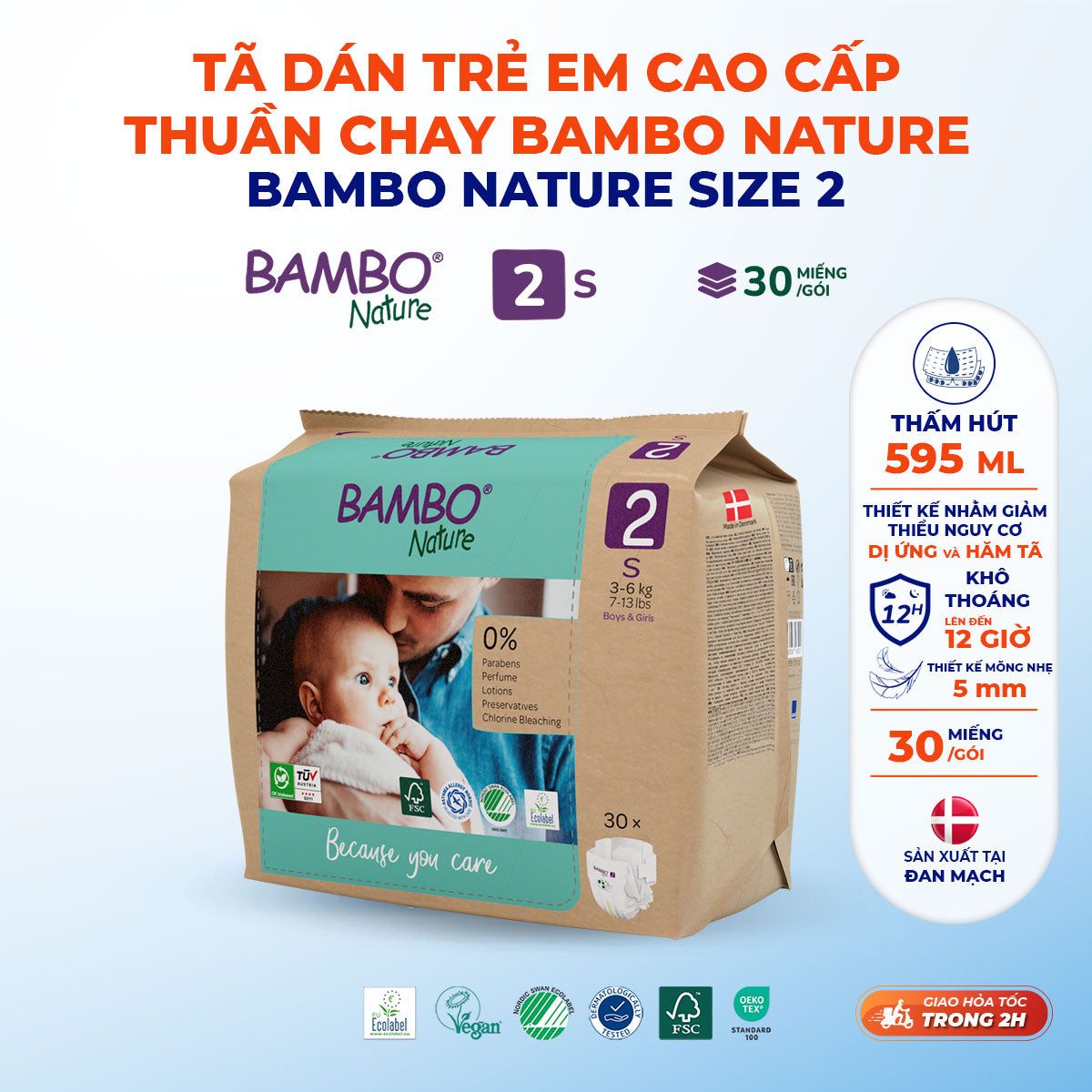 Tã Dán Hữu Cơ Trẻ Em Cao Cấp Bambo Nature - Thoáng Khí - Mỏng Nhẹ, An Toàn Cho Da Bé - Đạt Chứng Nhận An Toàn Quốc Tế